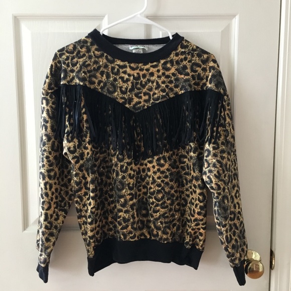 Vintage Sweaters - Vintage 80s Fringe and Leopard Print Sweater